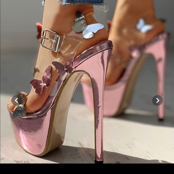 Metallic Pink, Silver, and Clear, High Heel Stilettos with Butterfly Accents. - Picture 5 of 5